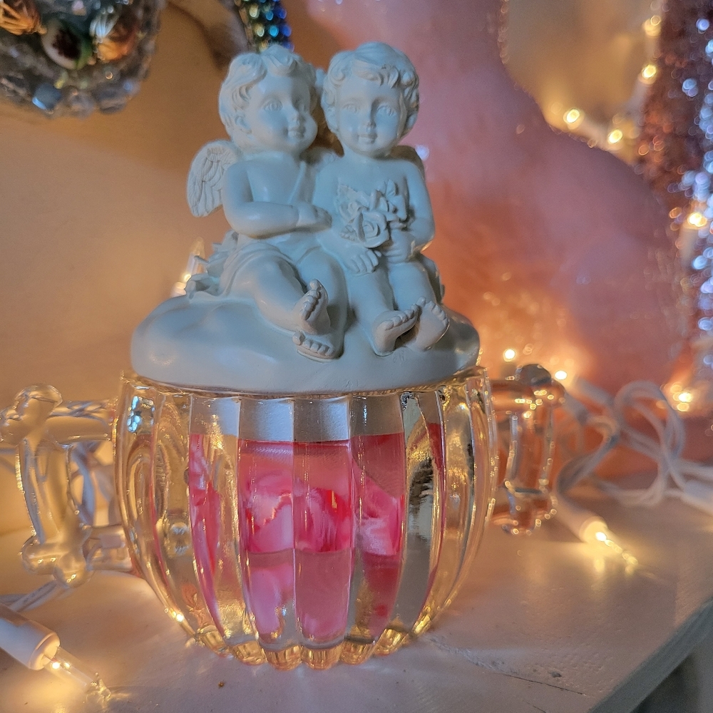 Vintage Glass Sugar Bowl & Cherub Topper ~ Pink Bows ~ Candy ~ Trinket Dish